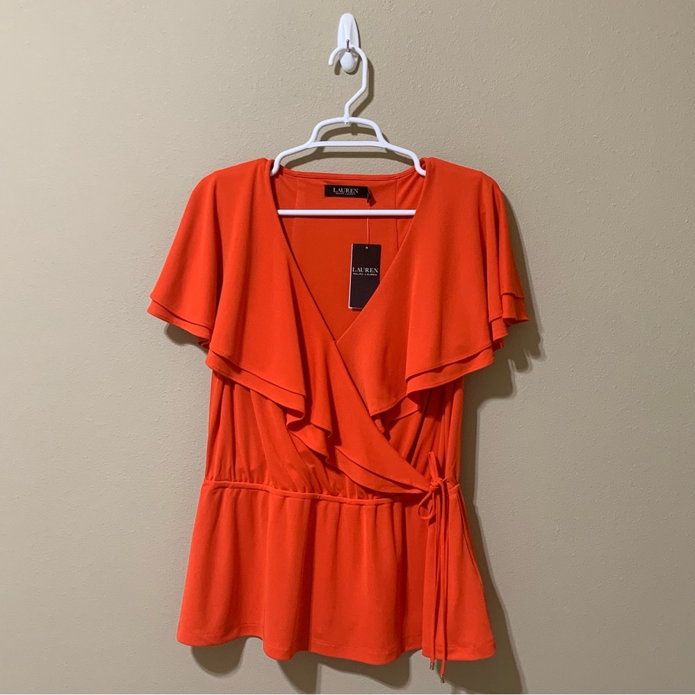 Lauren Ralph Lauren Women’s Ruffle-Trim Surplice Jersey Top-Size L NWT - Picture 1 of 9